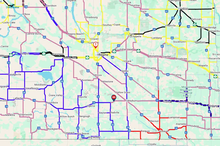 Highways surrounding Estevan were closed on Tuesday morning due to icy conditions, while travel was not recommended on a number of other routes. (Saskatchewan Highway Hotline)