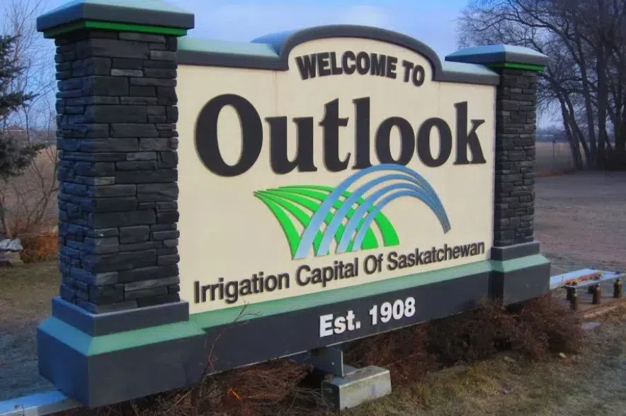 The Town of Outlook sign, declaring it the Irrigation capital of Saskatchewan.