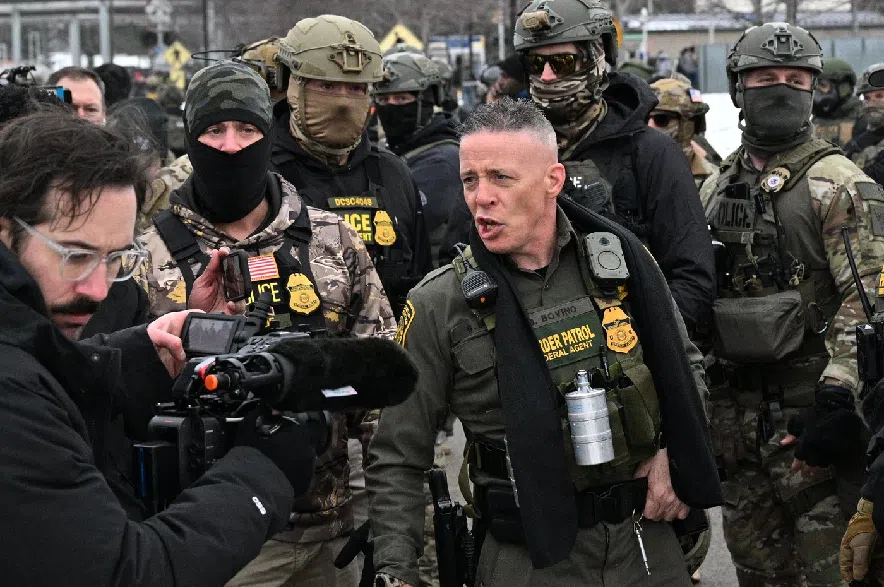 U.S. Border Patrol Cmdr. Gregory Bovino arrives as protesters gather outside the Bishop Henry Whipple Federal Building, Thursday, Jan. 8, 2026, in Minneapolis, Minn.