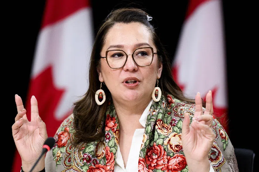 Minister of Indigenous Services Mandy Gull-Masty speaks during a press conference at the National Press Theatre in Ottawa on Monday, Dec. 22, 2025.