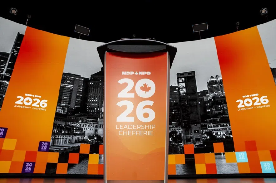 The NDP leadership debate stage is photographed in Montreal on Thursday, November 27, 2025.