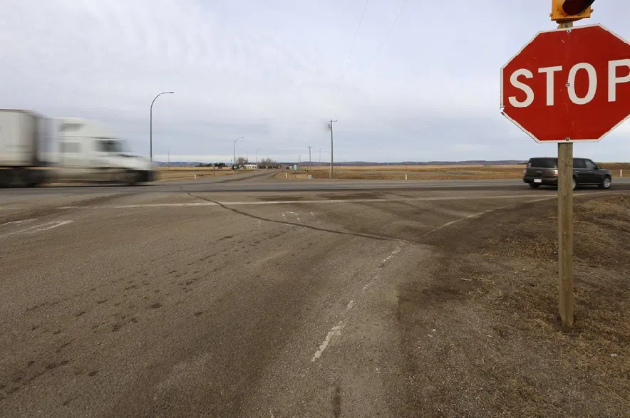 The intersection where three junior hockey players were killed in a vehicle crash at Stavely, Alta., Feb. 3, 2026.