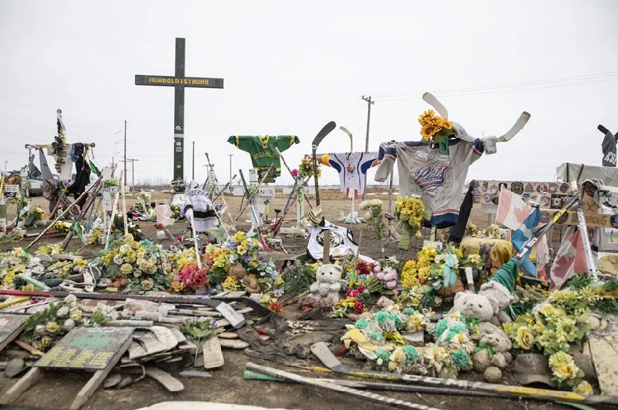 A memorial is displayed for the victims of the Humboldt Broncos bus crash on the corner of highway 35 and highway 335 near Codette, Sask. on Saturday, April, 6, 2019.