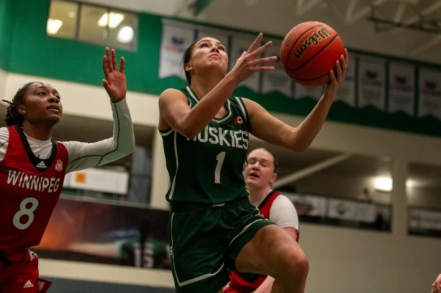 University of Saskatchewan Huskies guard Maya Flindall (1) going up for a layup in an 84-54 victory over the University of Winnipeg Wesmen on Feb. 7, 2026 to complete an undefeated regular season for the Huskies.