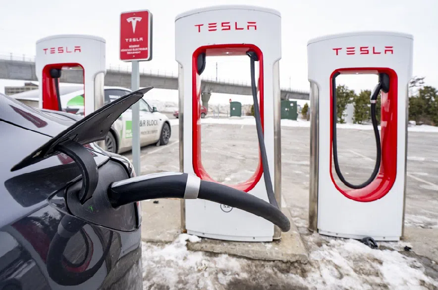 A Tesla EV charging station is seen in Montreal on Friday, Feb. 20, 2026.