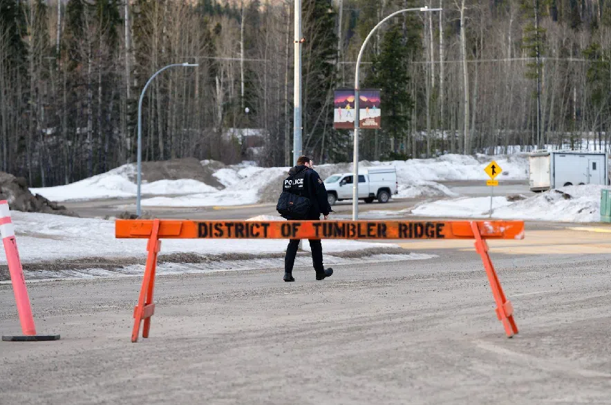Police could be seen leaving and going to the Tumbler Ridge Secondary School throughout the morning in Tumbler Ridge, B.C. on Wednesday, Feb. 11, 2026.
