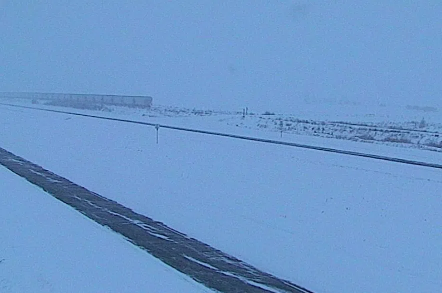 Snow covered roads on a highway camera on Highway 7 near Vanscoy, west of Saskatoon.