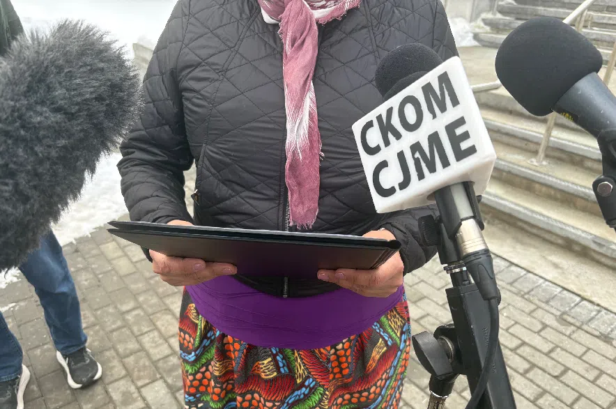 The mother of the victim who was set on fire speaks outside of Saskatoon’s Court of King's Bench on Feb. 26, 2026.