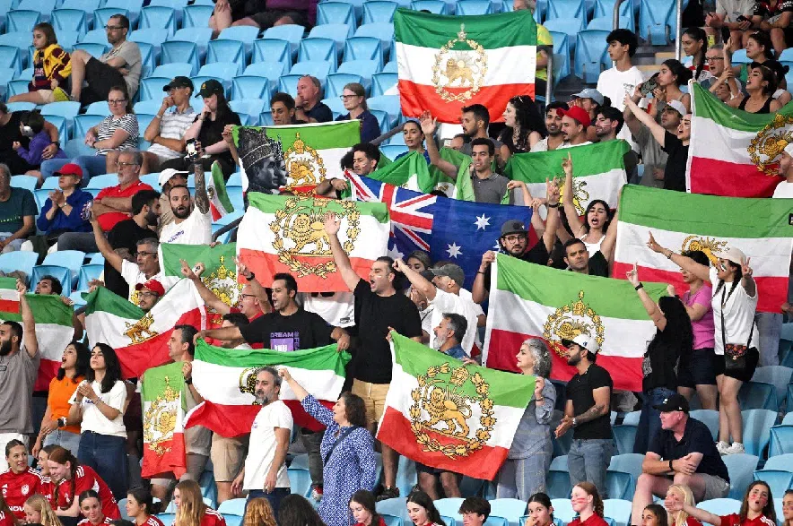 Iranian supporters react during the Women's Asia Cup soccer match between Iran and South Korea on the Gold Coast, Australia, Monday, March 2, 2026.