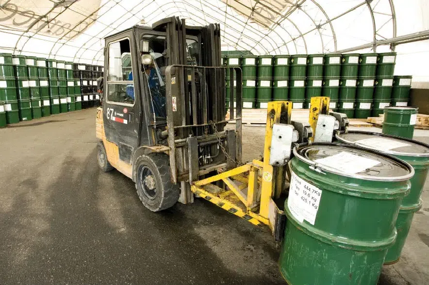 A worker drives a forklift at Cameco’s uranium milling operation in Key Lake, Saskatchewan.