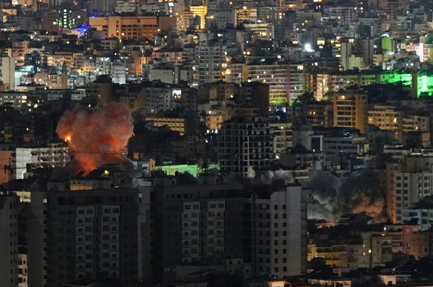 Smoke and flames rise from the site of Israeli airstrikes in Dahiyeh, Beirut's southern suburbs, Lebanon, Thursday, March 5, 2026.