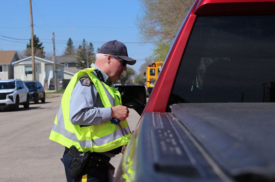 Police during a traffic enforcement blitz in Saskatoon in 2026.