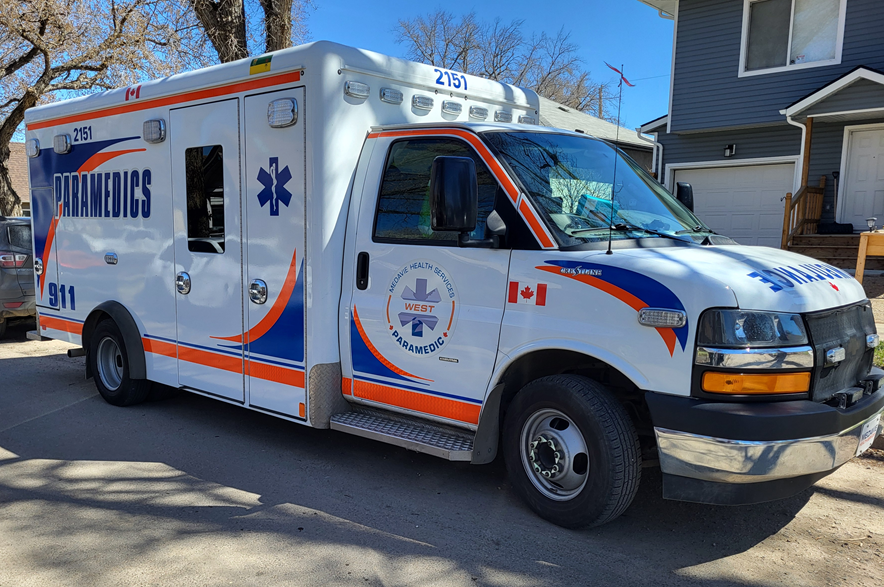 A Medavie Health Services West ambulance parked in Saskatoon's Mayfair neighbourhood on May 9, 2026.