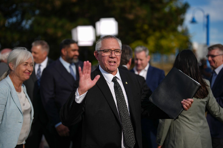 B.C. Conservative interim Leader Lorne Doerkson waves as he leaves after a campaign announcement, in Vancouver, on Tuesday, Sept. 22, 2026.