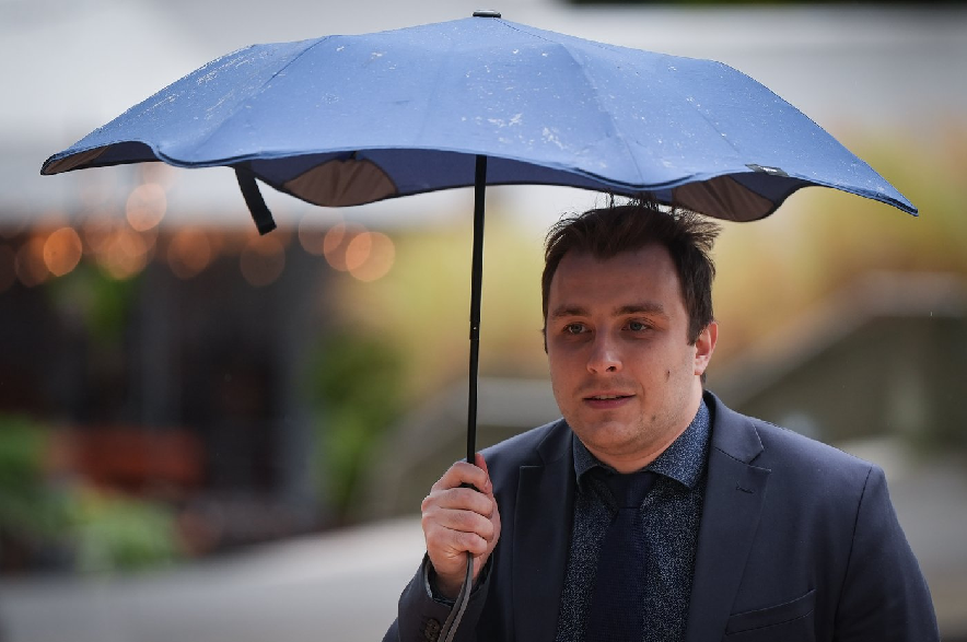 Jeremy Kalicum, co-founder of the drug compassion club Drug User Liberation Front (DULF), returns to B.C. Supreme Court after a lunch break, in Vancouver, B.C., Monday, Nov. 24, 2025.