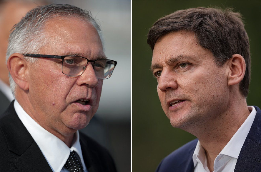 In this two photograph panel; B.C. Conservative interim Leader Lorne Doerkson, left, speaks in Vancouver, on Tuesday, Sept. 22, 2026, and B.C. NDP Leader David Eby, right, speaks in Surrey, B.C., on Wednesday, Sept. 23, 2026, during provincial election campaign stops.