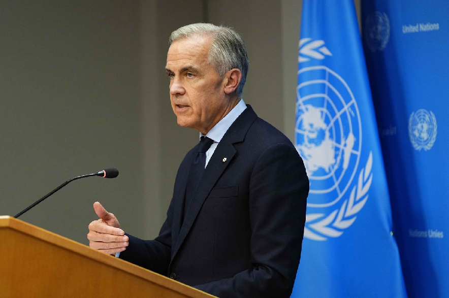 Prime Minister Mark Carney speaks during a media availability on the sidelines of the the United Nations General Assembly (UNGA) at the UN headquarters on Tuesday, Sept. 22, 2026.