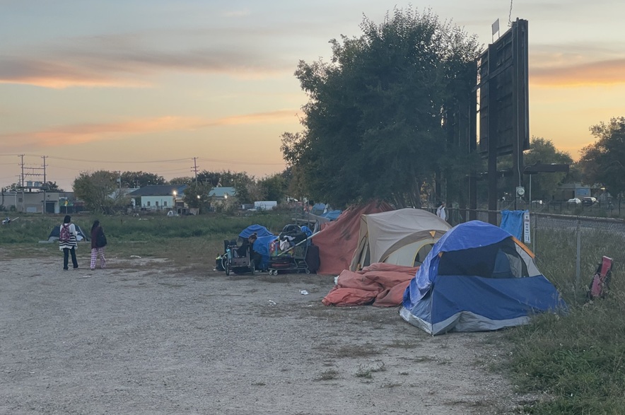 An encampment near Avenue K South and 20th Street West on Sept. 23, 2026