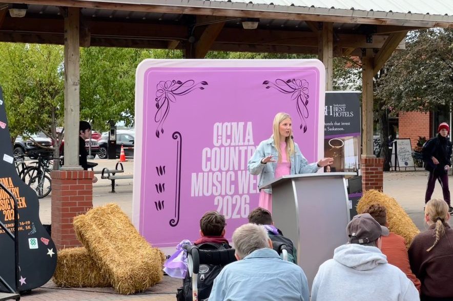 Amy Jeninga, president of the Canadian Country Music Awards, speaks at the kick-off to CCMA Country Music Week 2026 at Gather Local Market in Saskatoon on Sept. 15, 2026. (Libby Gray/650 CKOM)