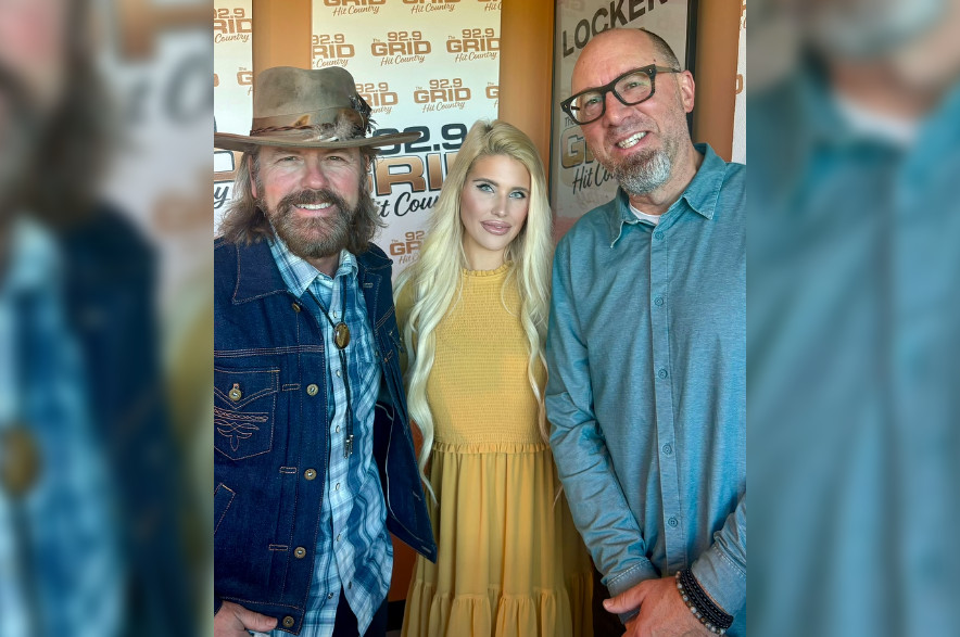 Brett Kissel (left) stopped by the Saskatoon studio to chat with morning host of The Grid, Locker (left), and Brett Koester (middle). (92.9 The Grid/Facebook)