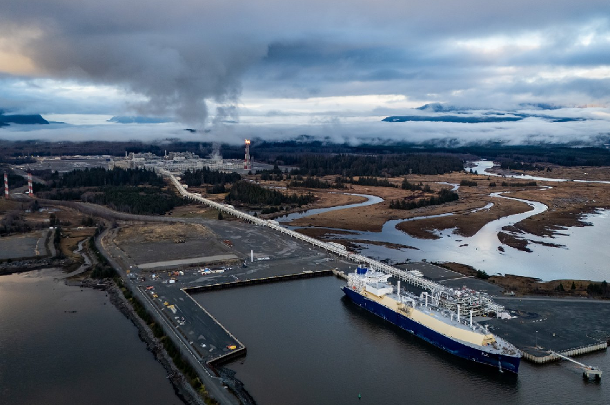 Wudang, a liquefied natural gas (LNG) tanker, fills up at an LNG Canada facility, in an aerial view, in Kitimat, B.C., on Thursday, November 13, 2025.