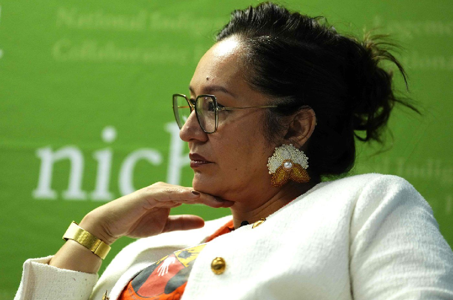 Minister of Indigenous Services Mandy Gull-Masty listens during a funding announcement for For Indigenous, By Indigenous (FIBI) housing projects with the National Indigenous Collaborative Housing Inc. (NICHI), in Ottawa, on Monday, Sept. 28, 2026.