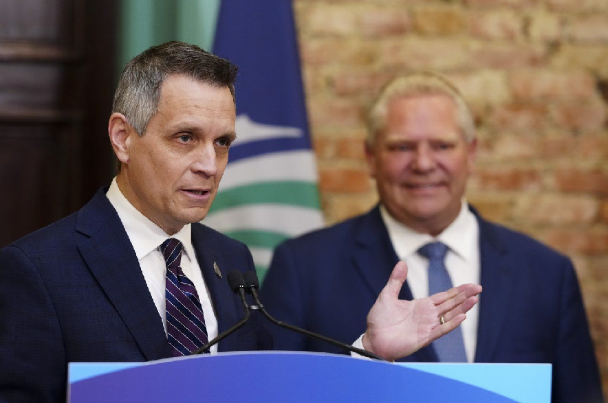 Ottawa Mayor Mark Sutcliffe, left, and Ontario Premier Doug Ford take part in a press conference at Ottawa City Hall on Monday, April 29, 2024.