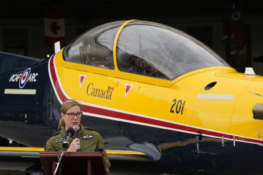 Royal Canadian Air Force Commander Lt.-Gen. Jamie Speiser-Blanchet speaks during an event introducing the Pilatus CT-157 Siskin II training aircraft in Gatineau, Que., on Thursday, Sept. 17, 2026.