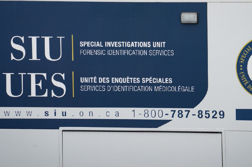 A Special Investigations Unit logo is seen on a truck in Mississauga, Ont., on Thursday, April 24, 2025.