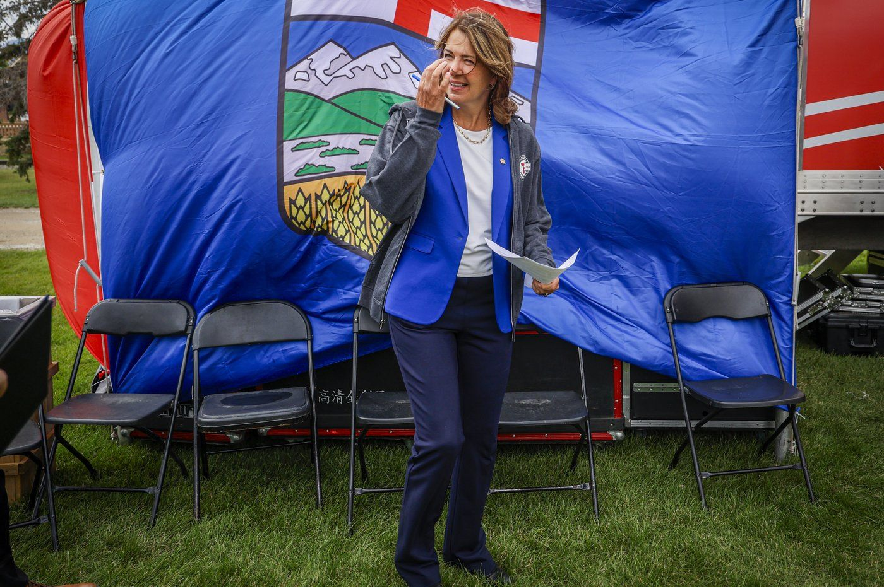 Alberta Premier Danielle Smith waits to deliver a speech on Alberta Day in Calgary on Sunday, Aug. 30, 2026.