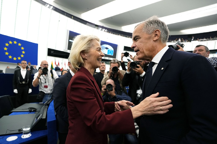 Prime Minister Mark Carney is greeted by European Commission President Ursula von der Leyen as he arrives to address the European Parliament in Strasbourg, France, on Thursday, Sept. 17, 2026.
