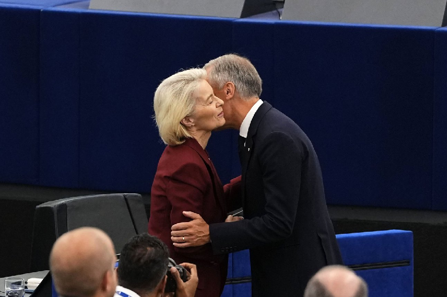 Prime Minister Mark Carney embraces European Commission President Ursula von der Leyen after addressing the European Parliament in Strasbourg, France, on Thursday, Sept. 17, 2026.