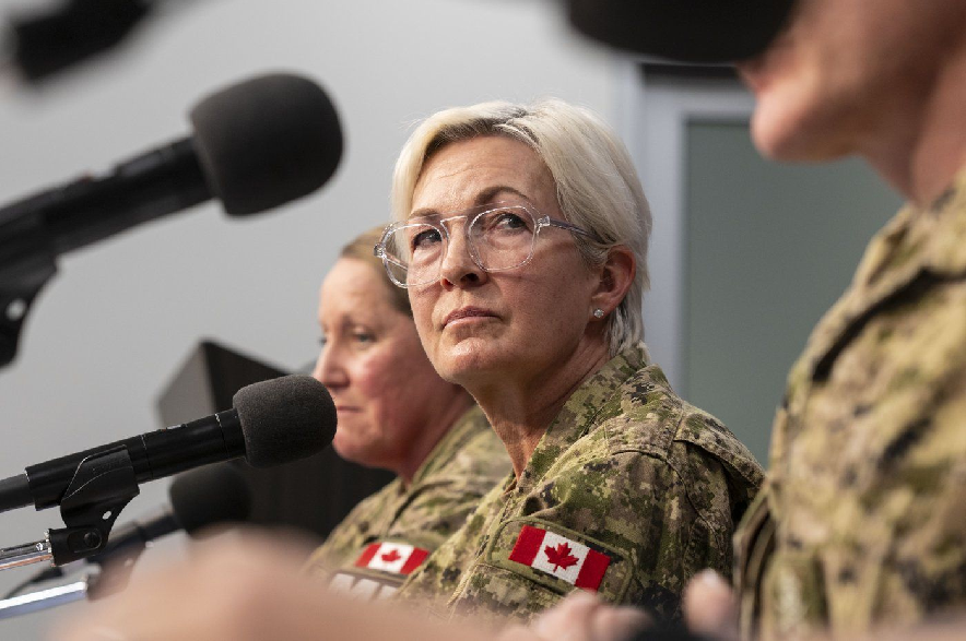 Chief of the Defence Staff Gen. Jennie Carignan attends a press conference in Edmonton on Thursday, Oct. 22, 2026.