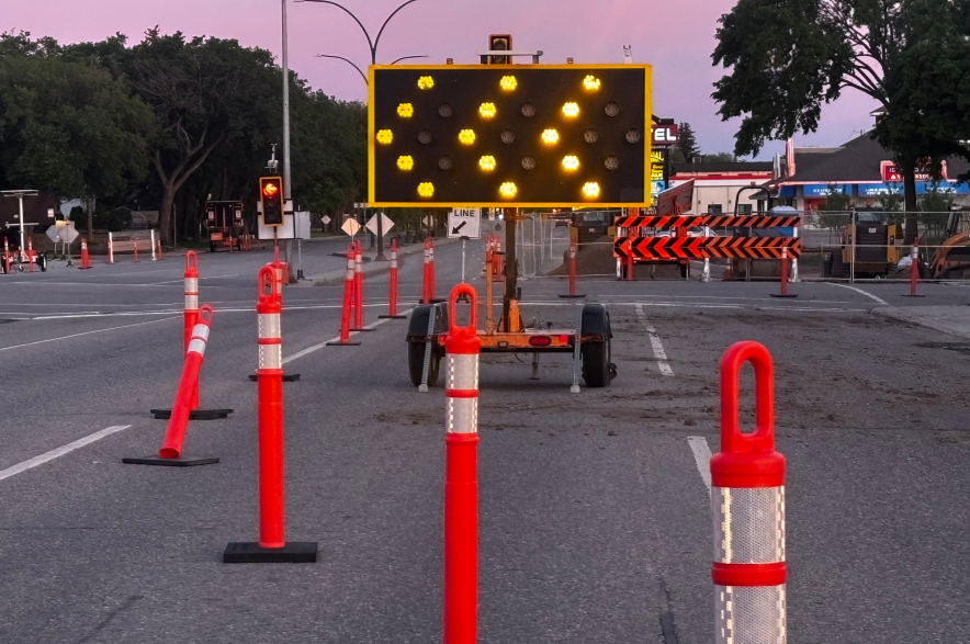 Construction at Eighth Street and Cumberland Avenue South in Saskatoon.