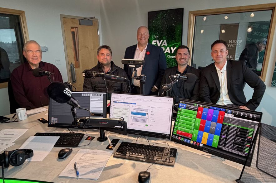 From left to right: Ken Wood, Former SaskTel Centre CEO; Courtney Saliken, Saskatoon Citizens for a Referendum on Deed; Evan Bray, Rawlco Radio; John Howden, SaskTel Centre CEO; Troy Davies, Ward 4 Councilor. (Lara Fominoff/650 CKOM)