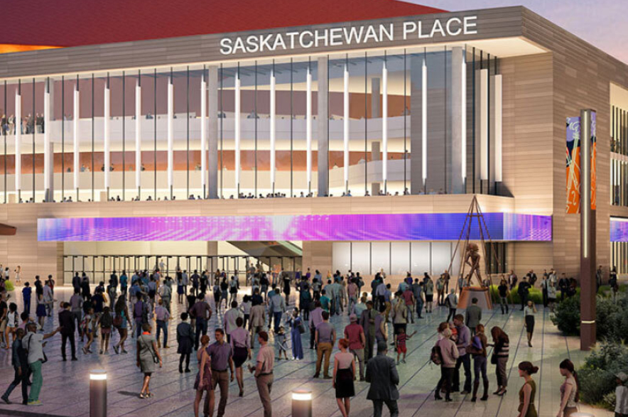 An artist's rendering of a conceptual design for Saskatoon's proposed Downtown Event and Entertainment District (DEED)