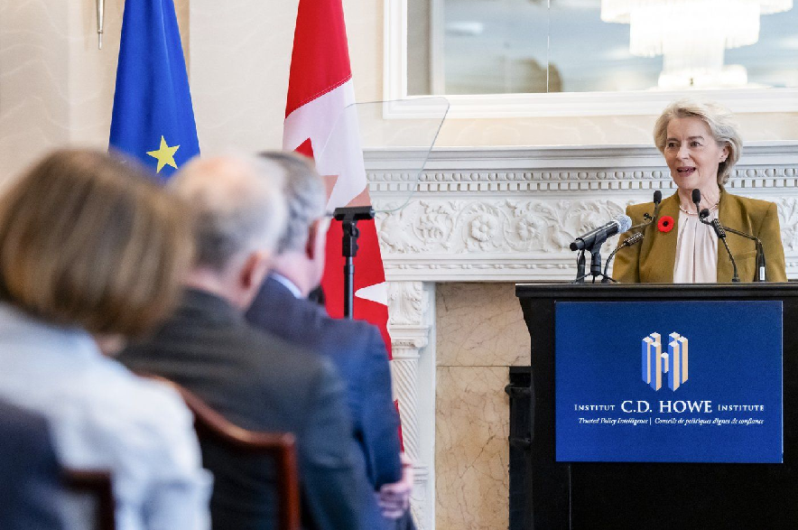 President of the European Commission Ursula von der Leyen delivers remarks ahead of the EU-Canada summit in Montreal on Thursday, Oct. 29, 2026.