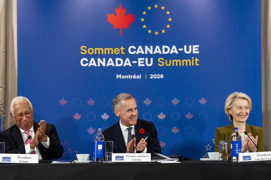 Prime Minister Mark Carney, centre, gives remarks alongside President of the European Council Antonio Costa, left, and President of the European Commission Ursula von der Leyen, at a roundtable with business leaders during the Canada-EU Summit, in Montreal, on Thursday, Oct. 29, 2026.