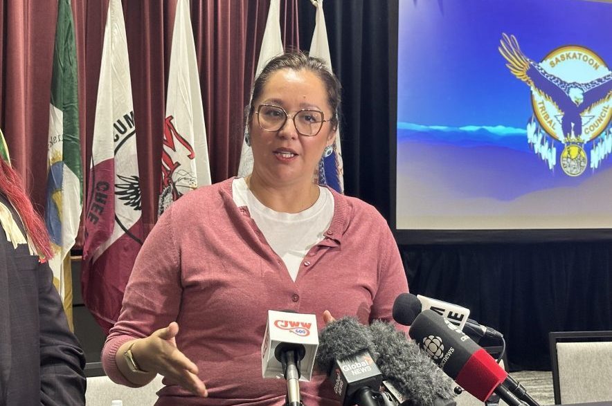 Minister of Indigenous Services Canada Mandy Gull-Masty spoke to reporters at Dakota Dunes after announcing $269 million in funding for a new regional child welfare agreement between the federal government and the Saskatoon Tribal Council on Oct. 7, 2026. (Libby Gray/650 CKOM)