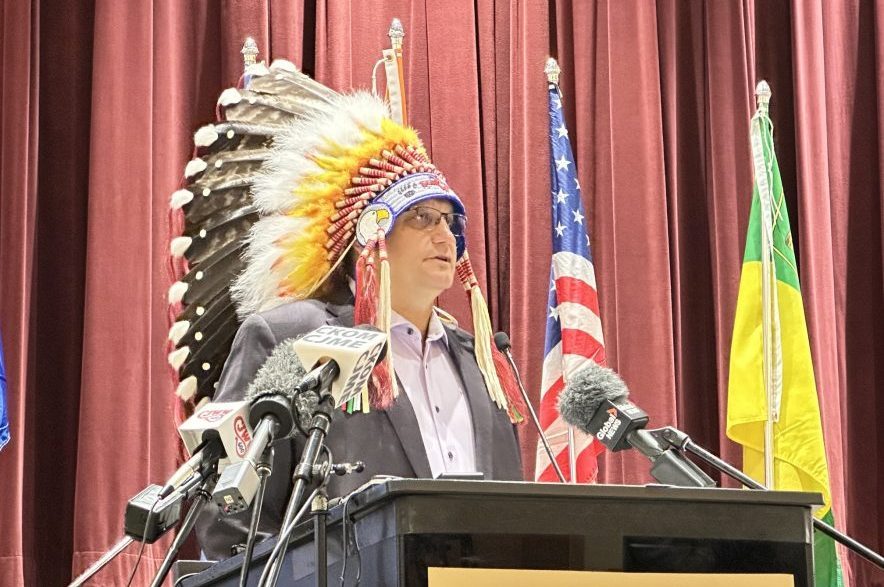 Saskatoon Tribal Council chief Mark Arcand speaks at Dakota Dunes on Oct. 7, 2026, speaking about the new regional agreement on First Nations child welfare. (Libby Gray/650 CKOM)