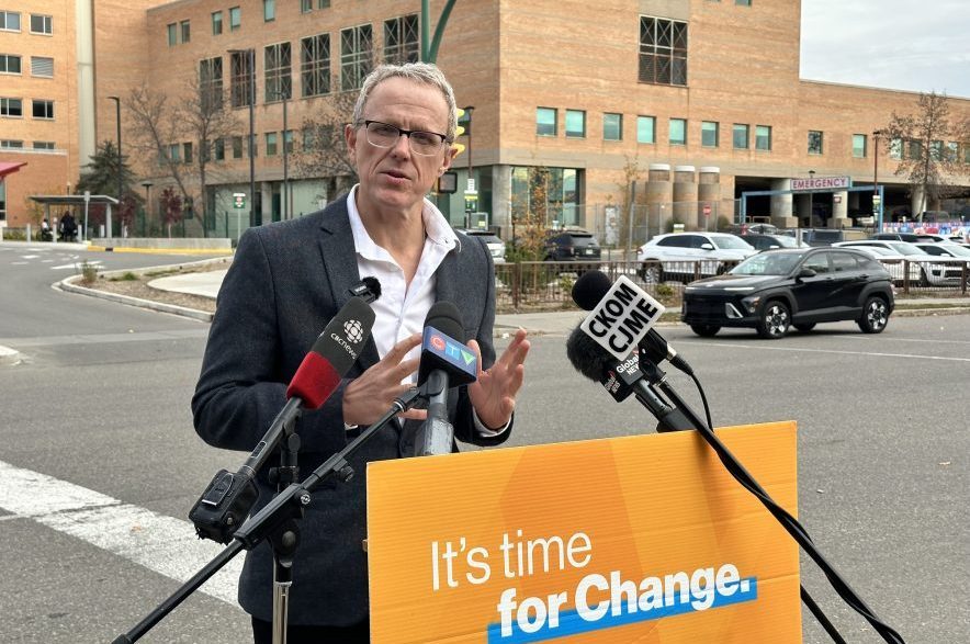 Keith Jorgenson speaks to reporters outside of St. Paul's Hospital on 20th Street in Saskatoon on Oct. 14, 2026. (Libby Gray/650 CKOM_