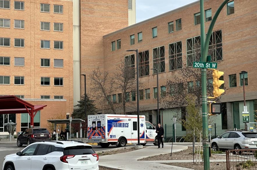 An ambulance arrives at St. Paul's Hospital on 20th Street in Saskatoon on Oct. 14, 2026. (Libby Gray/650/CKOM)