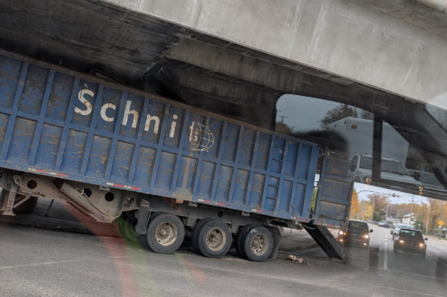 The ninth overpass in Saskatchewan to be hit this year – and the seventh in Saskatoon, alone – is the overpass at Lorne Avenue and Ruth Street on Oct. 14, 2026. (Morgan Tyson/Submitted)