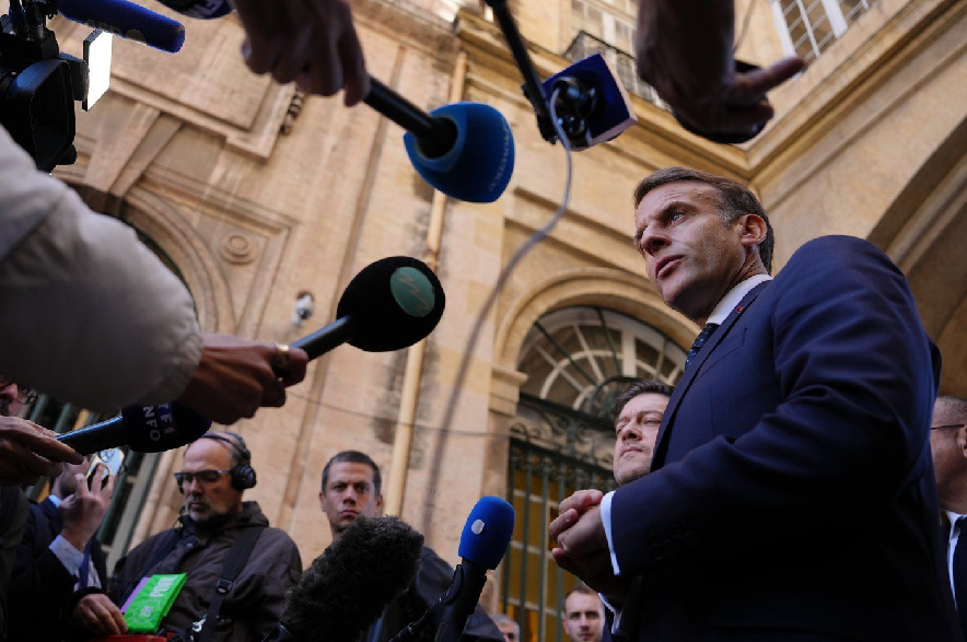 French President Emmanuel Macron addresses the media in Marseille, France, Monday, Oct. 26, 2026.