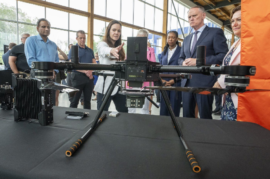 A Marconi tactical radio attached to an ARA robotic drone seen in Mirabel, Que., on Tuesday, July 14, 2026.
