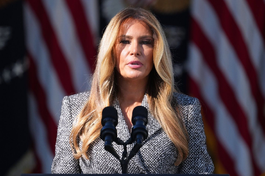 First lady Melania Trump speaks in the Rose Garden of the White House, Oct. 19, 2026, in Washington.