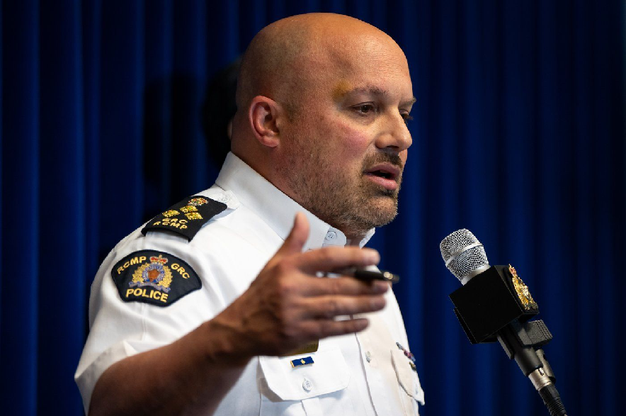 Commander of the RCMP Federal Policing program, in the Pacific Region, Assistant Commissioner David Teboul speaks during an RCMP news conference announcing fentanyl production labs that have been dismantled around British Columbia, in Surrey B.C., on Thursday, April 10, 2025.