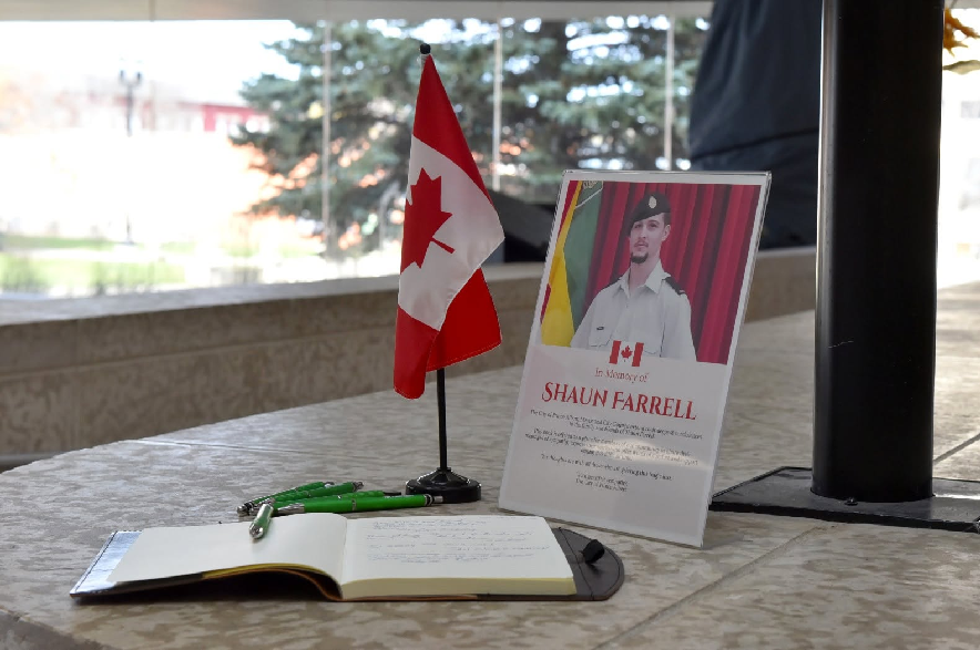 A book of condolences for Pte. Shaun Farrell at Prince Albert City Hall.