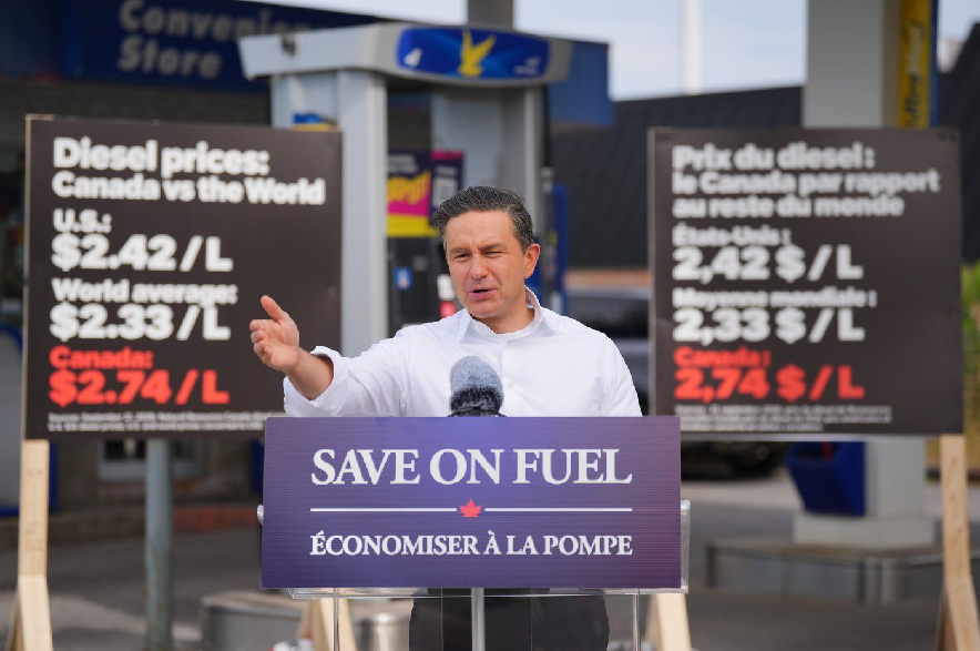 Conservative Leader Pierre Poilievre speaks during a press conference to announce an Emergency Fuel Relief Plan at a gas station in Ottawa, on Sunday, Sept. 27, 2026.