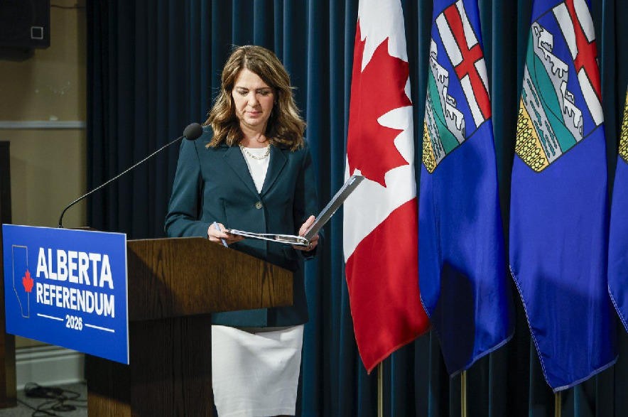 Alberta Premier Danielle Smith arrives to speak during a news conference in Calgary, Alta., Friday, May 22, 2026.